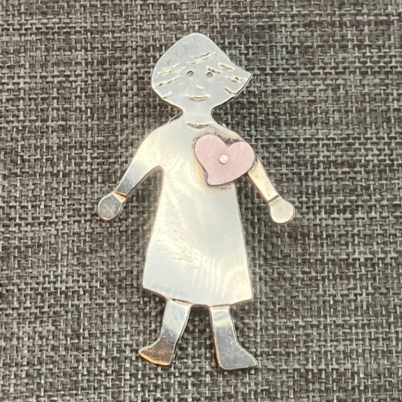 JO Girl Heart Pin Brooch As Is Tack Lapel Tie Sterling Silver Matte Pink Signed - Picture 2 of 8